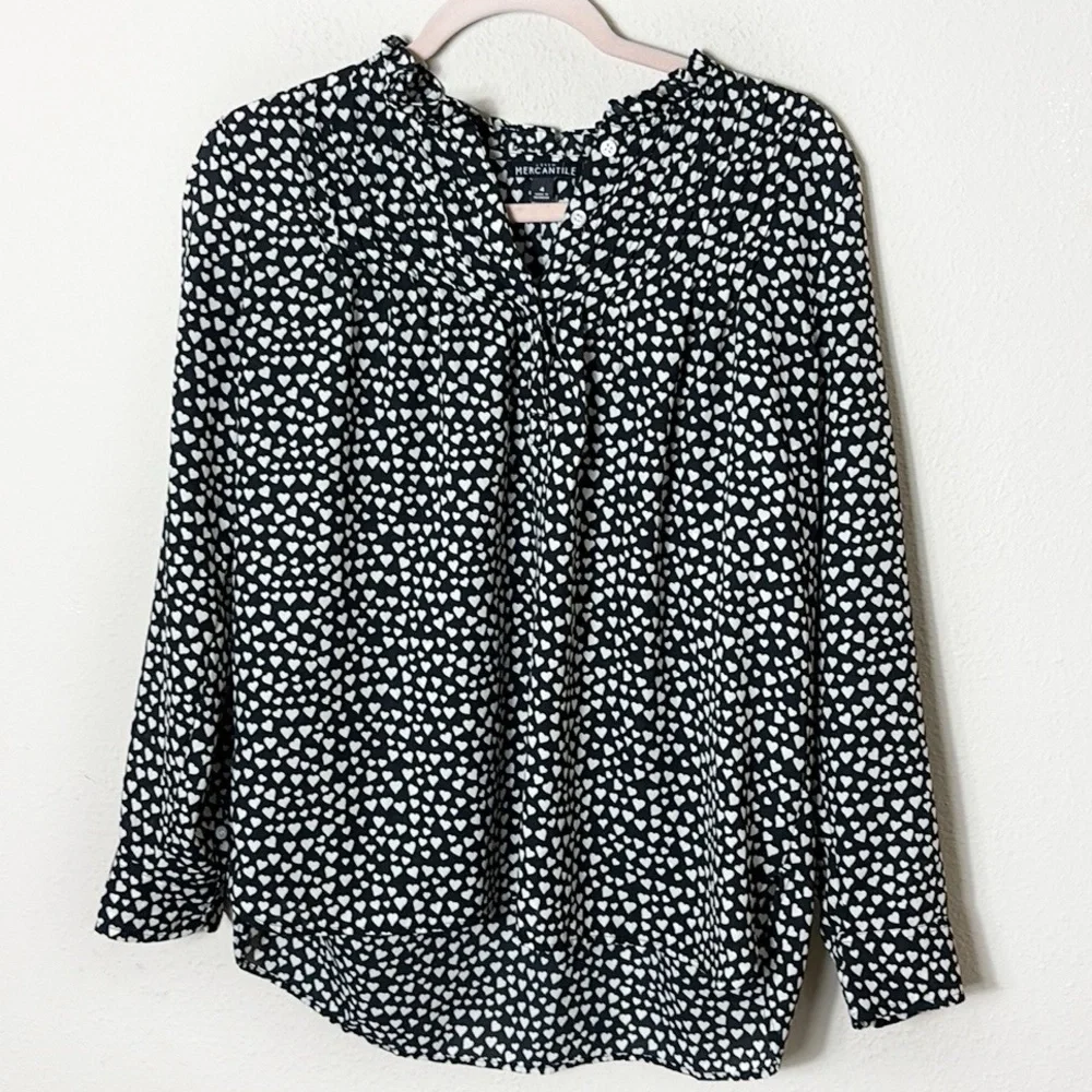 J. Crew Mercantile Black White Heart Pattern Ruffled Blouse Top size 4